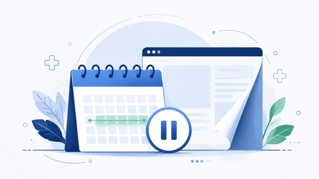 Ilustração com calendário, portal digital e símbolo de pausa representando o defeso eleitoral.