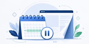 Ilustração com calendário, portal digital e símbolo de pausa representando o defeso eleitoral.
