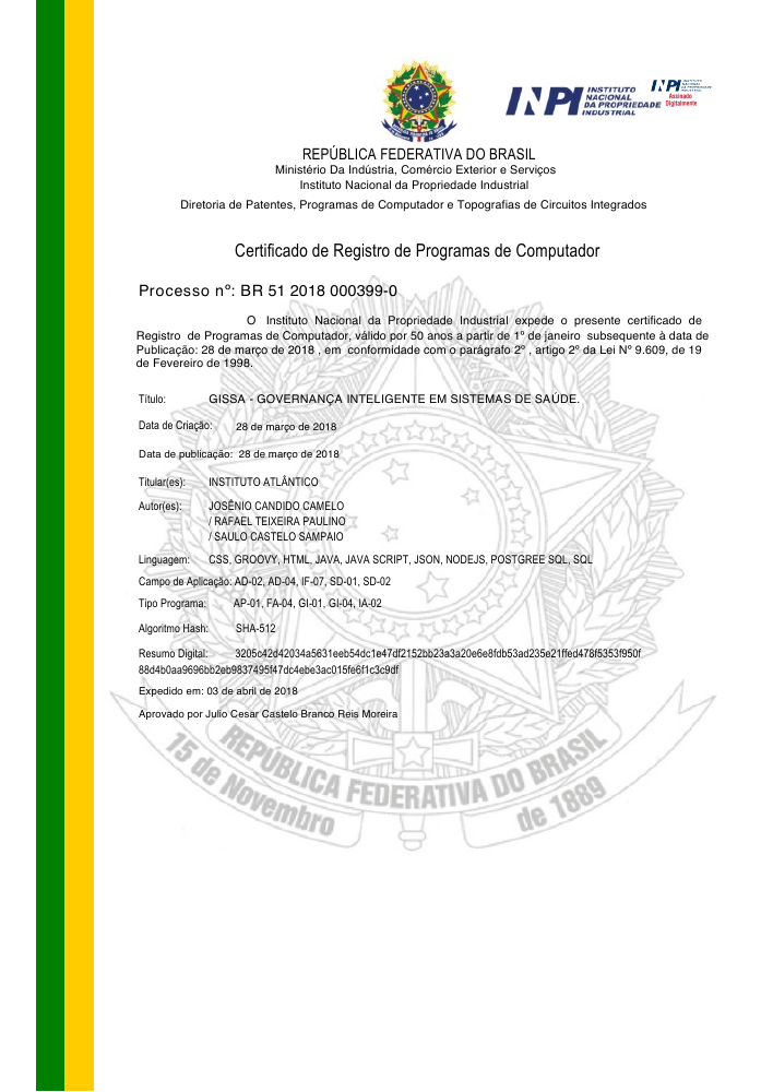 Prévia da primeira página do certificado do INPI para GISSA — Governança Inteligente em Sistemas de Saúde