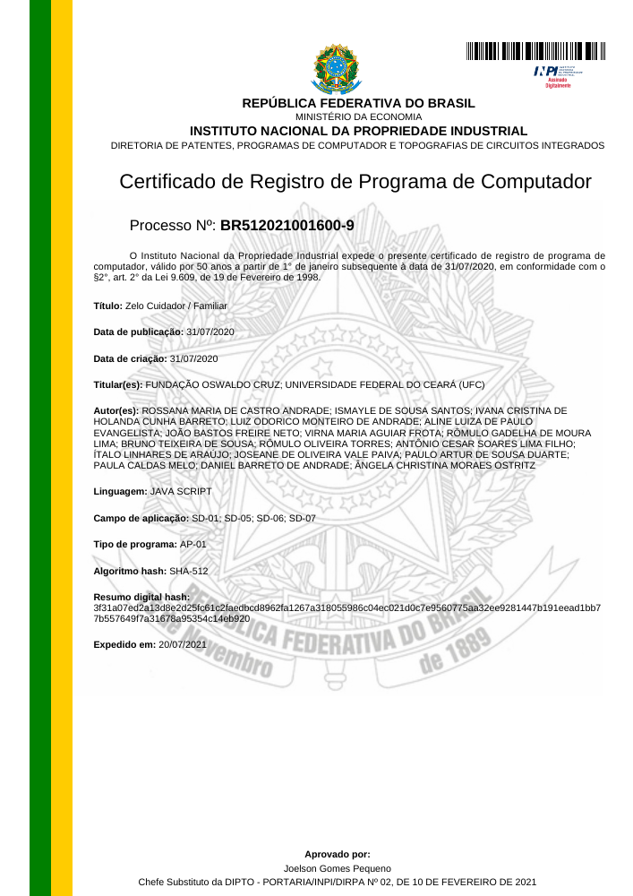 Prévia da primeira página do certificado do INPI para Zelo Cuidador / Familiar