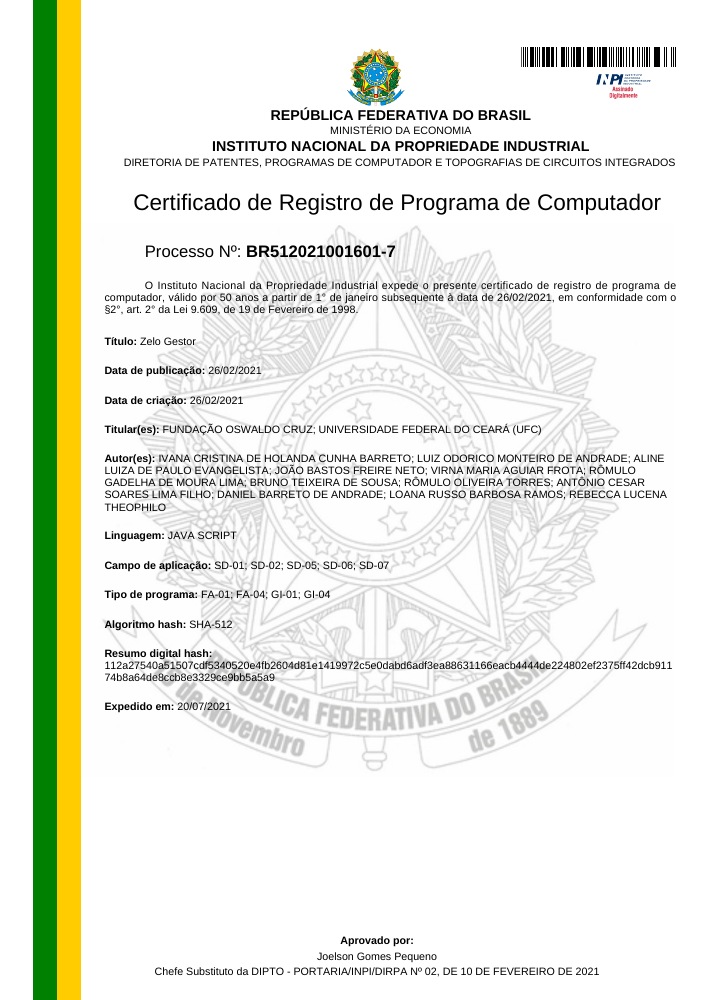 Prévia da primeira página do certificado do INPI para Zelo Gestor