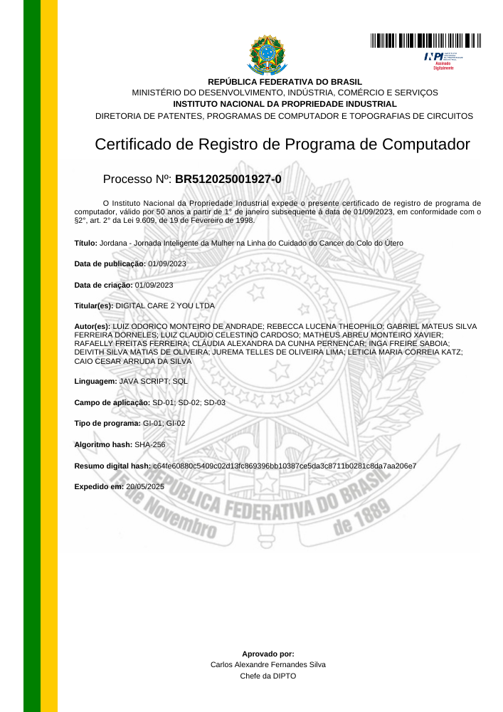 Prévia da primeira página do certificado do INPI para Jordana — Jornada Inteligente da Mulher na Linha do Cuidado do Câncer do Colo do Útero