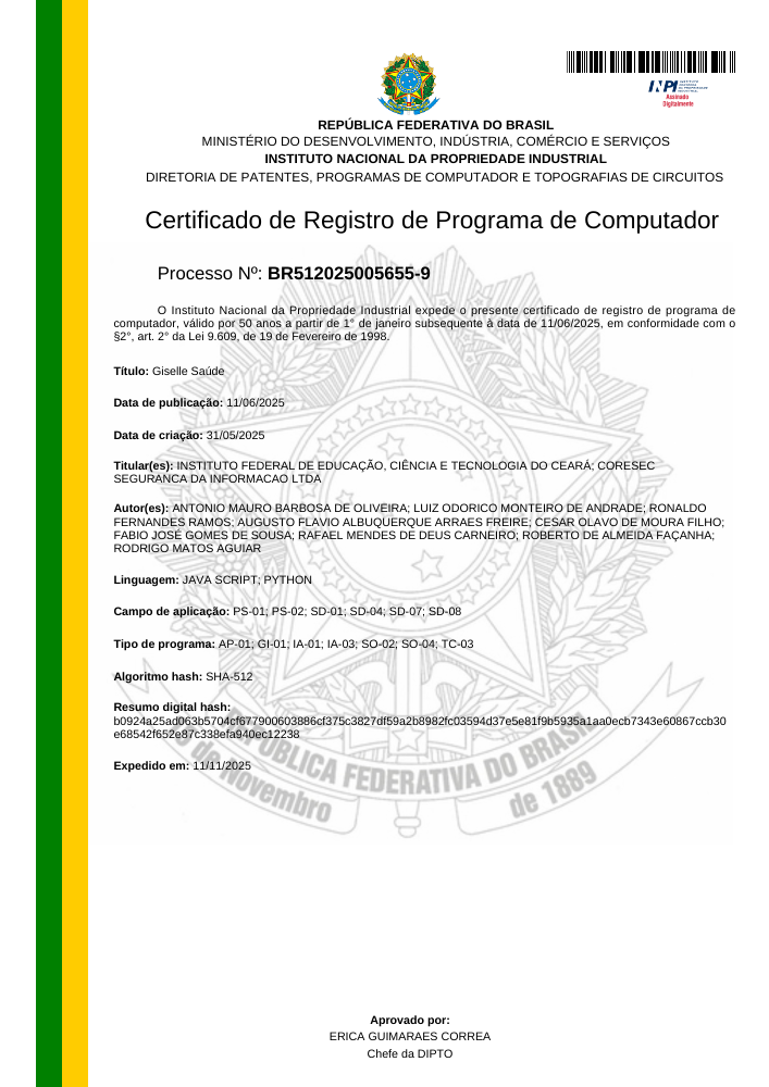 Prévia da primeira página do certificado do INPI para Giselle Saúde