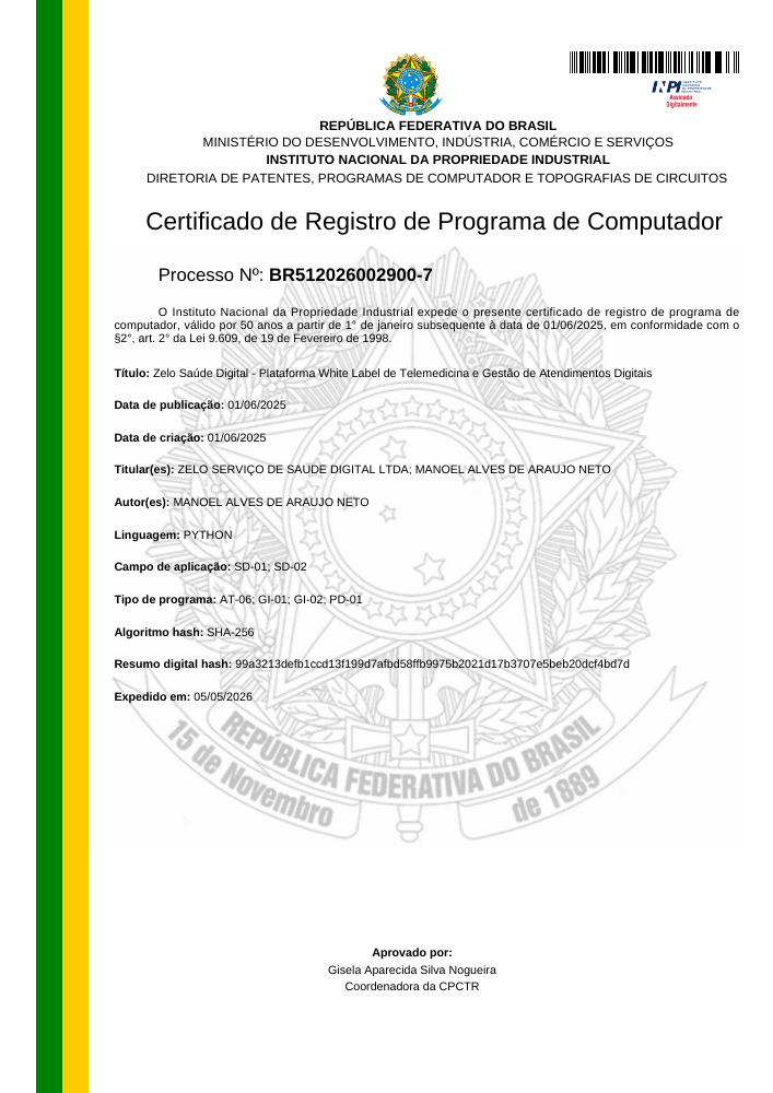 Prévia da primeira página do certificado do INPI para Zelo Saúde Digital — Plataforma White Label de Telemedicina e Gestão de Atendimentos Digitais