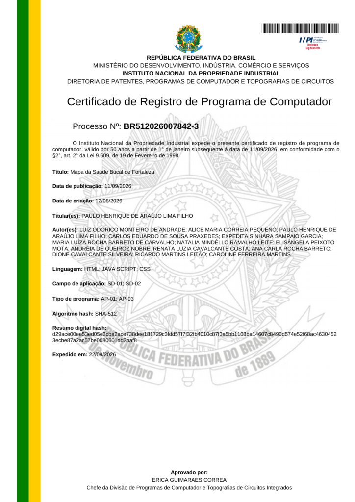 Prévia da primeira página do certificado do INPI para Mapa da Saúde Bucal de Fortaleza
